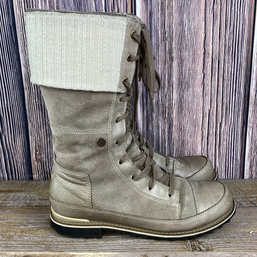 Womens Taupe Lace-Up Fold-Over Combat Boots